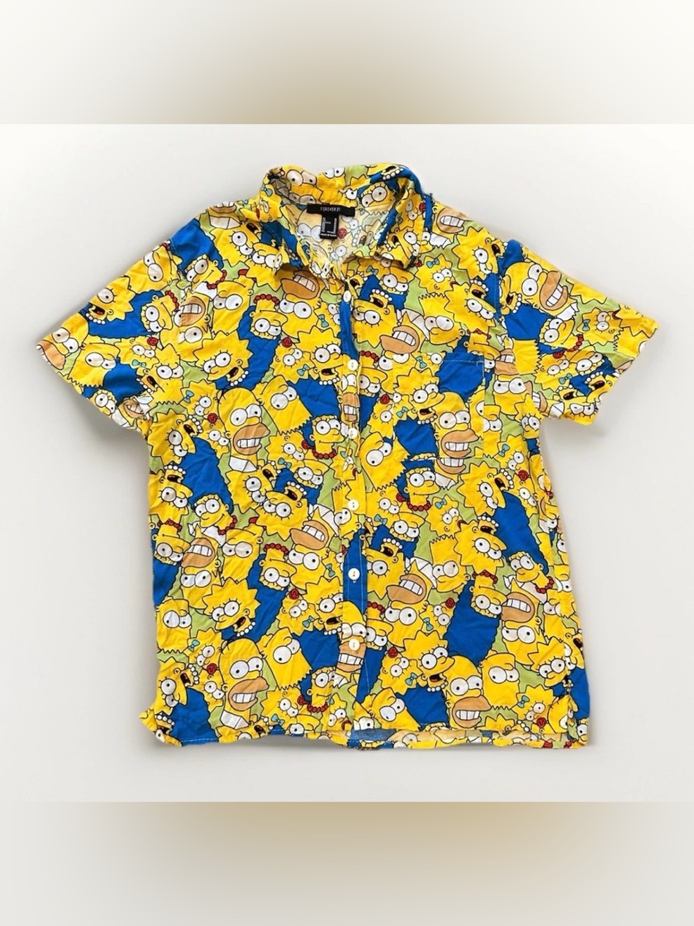 Forever 21 Yellow & Blue Simpsons Print Short-Sleeve Button-Up Shirt